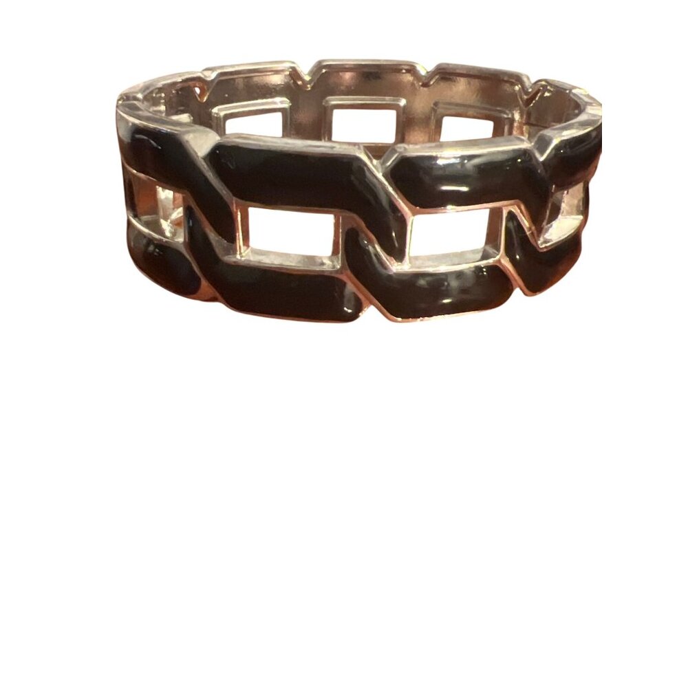 Chunky Silver Tone Black Enamel Chain Link Bangle Bracelet Clamper Hinged 6.5"